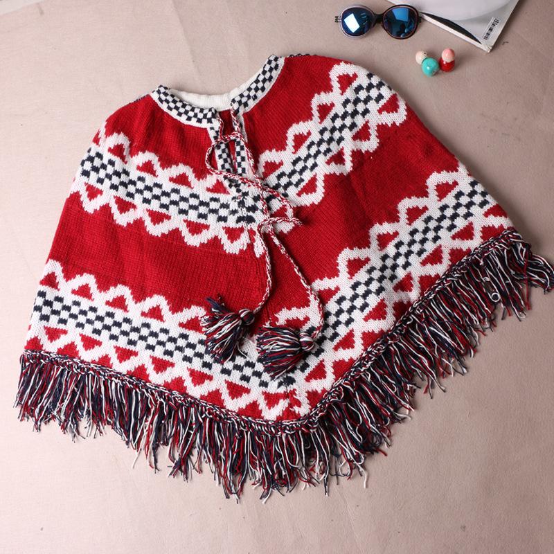 Oversized Folk Style Tassels Red Jacquard Christmas Cloak