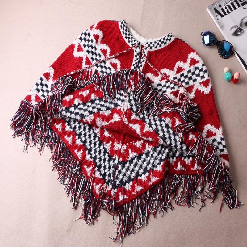 Oversized Folk Style Tassels Red Jacquard Christmas Cloak