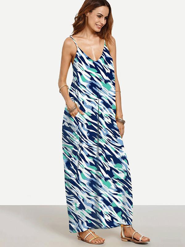 Unique Bohemia Spaghetti Straps V Neck Maxi Dress