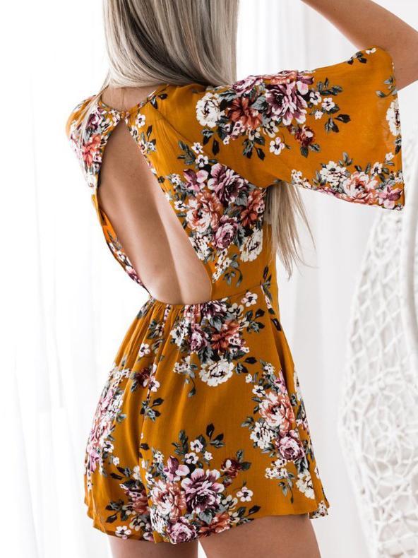 Floral Print Half Sleeve High Waist Jumpsuit Rompers