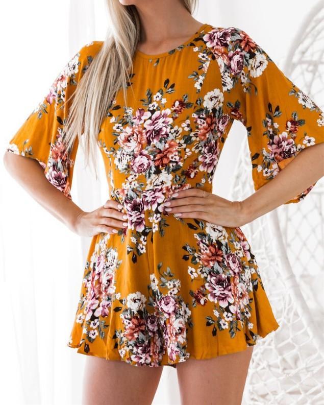 Floral Print Half Sleeve High Waist Jumpsuit Rompers