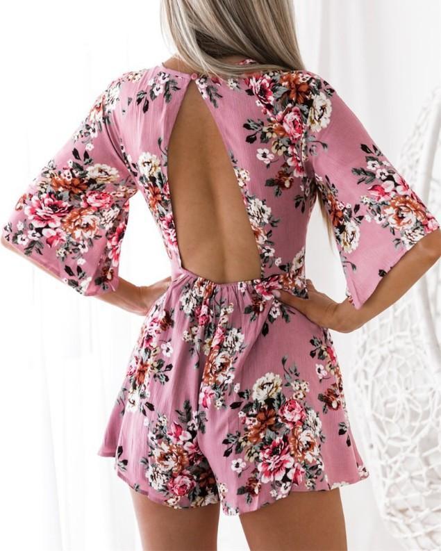 Floral Print Half Sleeve High Waist Jumpsuit Rompers