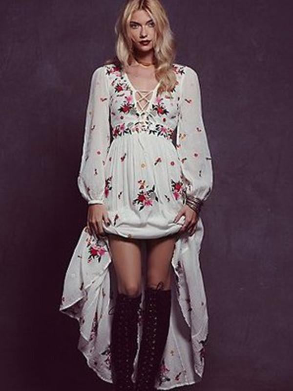 Bohemia Inwrought Floral-Print Long Sleeve Long Dress