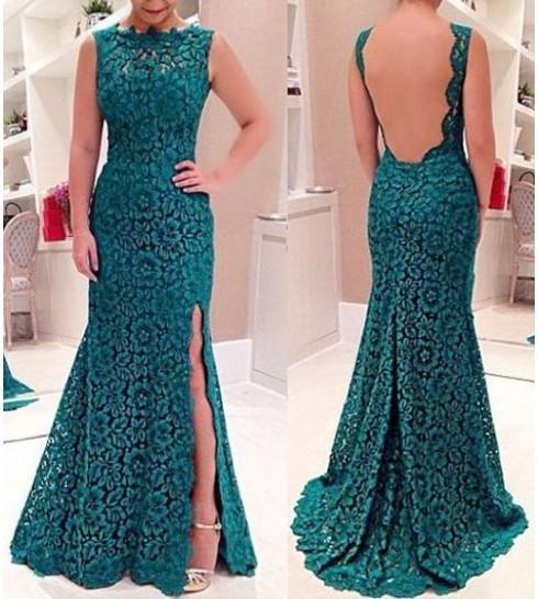 Lace Sleeveless Backless Side Split Evening Party Maxi Dress