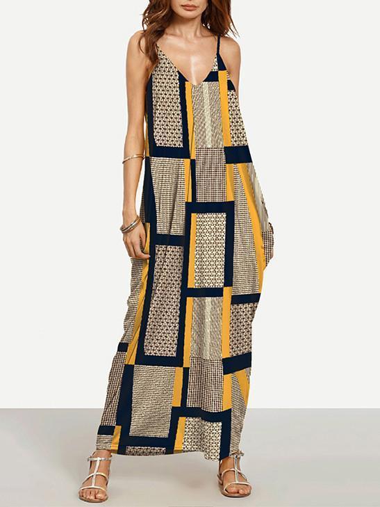 Unique Yellow Plaid Spaghetti Straps V Neck Maxi Dress