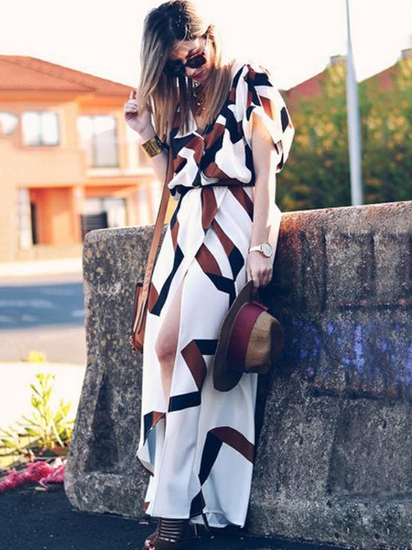 Fashion Printed Short Sleeves Deep V-neck Split-side Maxi Dress