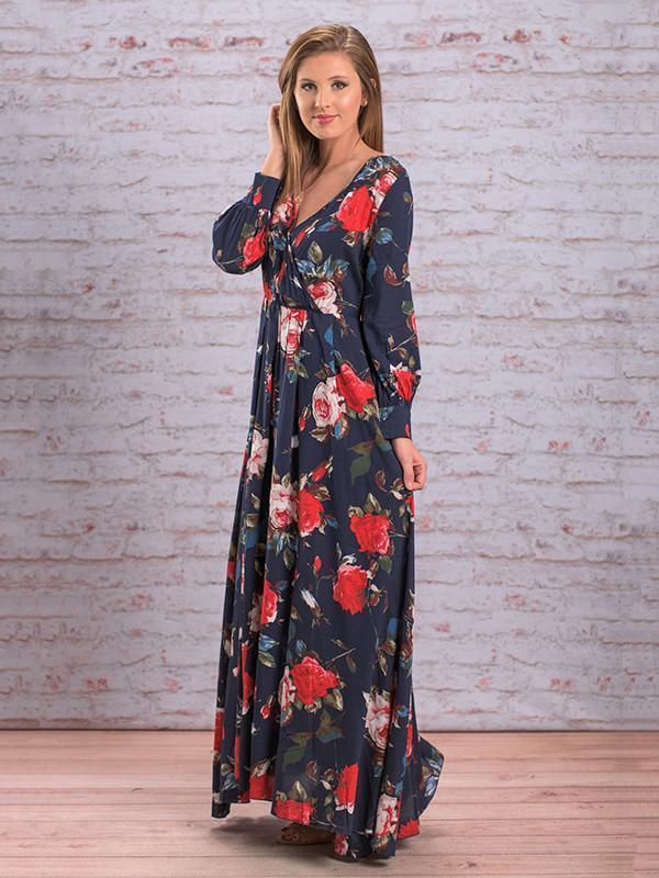 Autumn Floral V-neck Long Sleeves Bohemia Maxi Dress