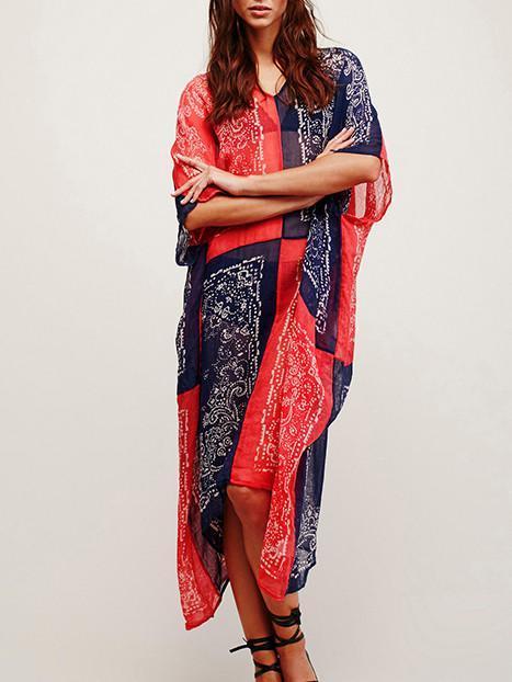 Chiffon Bohemia Red and Blue Maxi Beach Dress