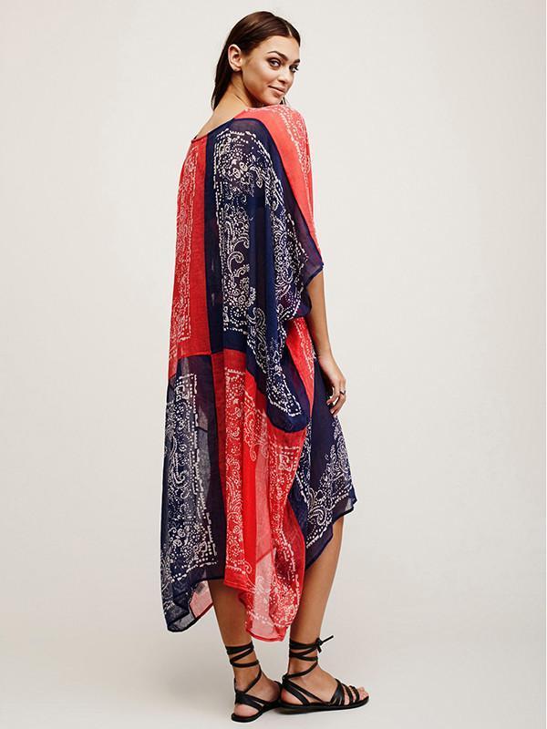 Chiffon Bohemia Red and Blue Maxi Beach Dress