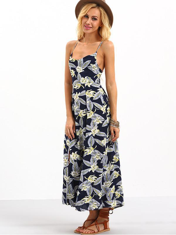 Popular Floral-Print Stripes Sleeveless Off-Back Side Split Beach Long Dress