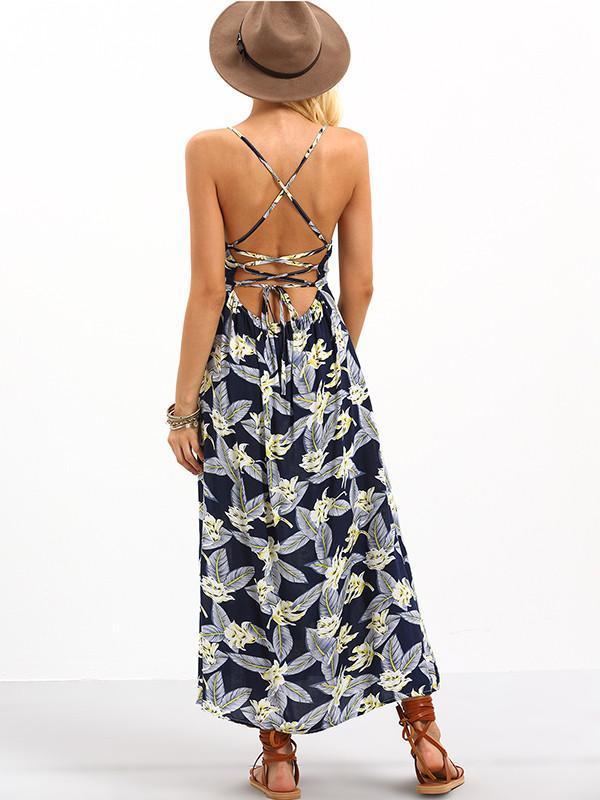 Popular Floral-Print Stripes Sleeveless Off-Back Side Split Beach Long Dress