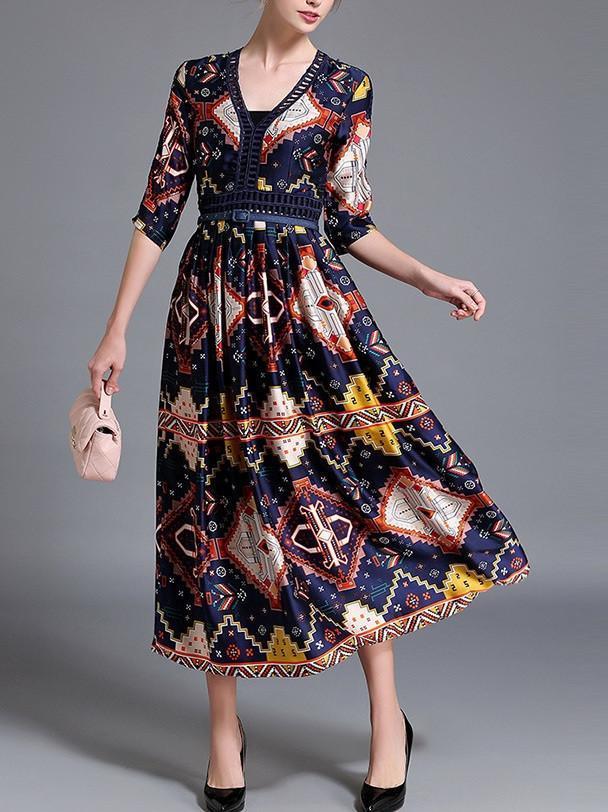 Pretty Bohemia Printed Half Sleeve V Neck Maxi Dress