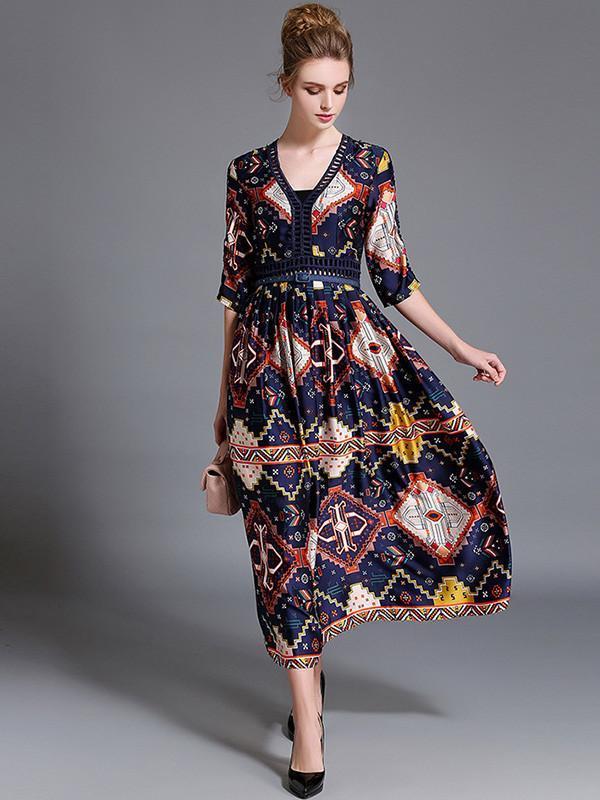 Pretty Bohemia Printed Half Sleeve V Neck Maxi Dress