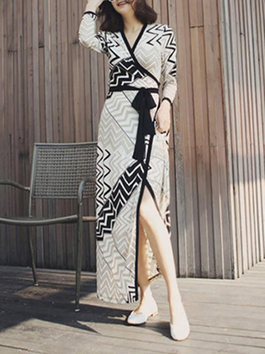 Classical Long Sleeve Deep V Neck Side Split Maxi Beach Dress