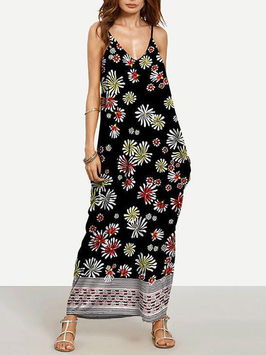 Pretty Black Floral Bohemia Spaghetti Straps V Neck Maxi Dress