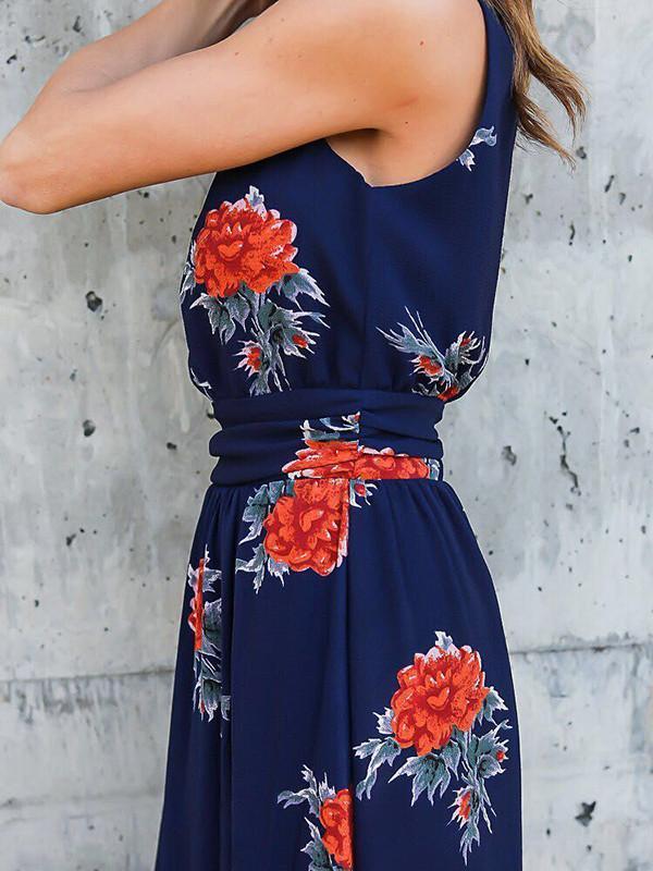 Popular Floral-Print Sleeveless V Neck Side Split Bohemia Beach Dress