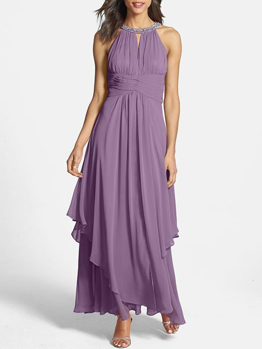 Chiffon Halterneck Beaded Sleeveless Maxi Dress