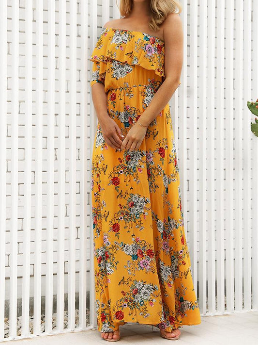 Summer Floral Print Off Shoulder High Waist Beach Maxi Dress