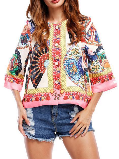 Bohemia Floral Printed Flared Sleeves Outwear Tops