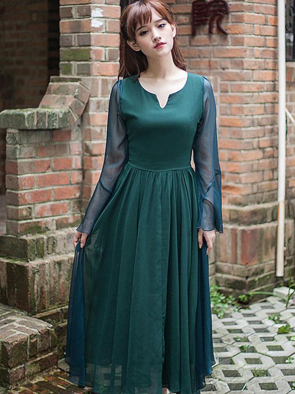 Vintage Solid Color Midi Dress