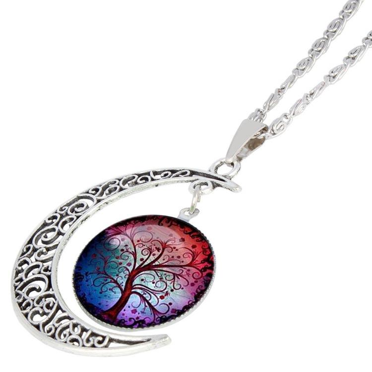 Colorful Hollow Tree of Life Necklaces Moon Pendant Necklace