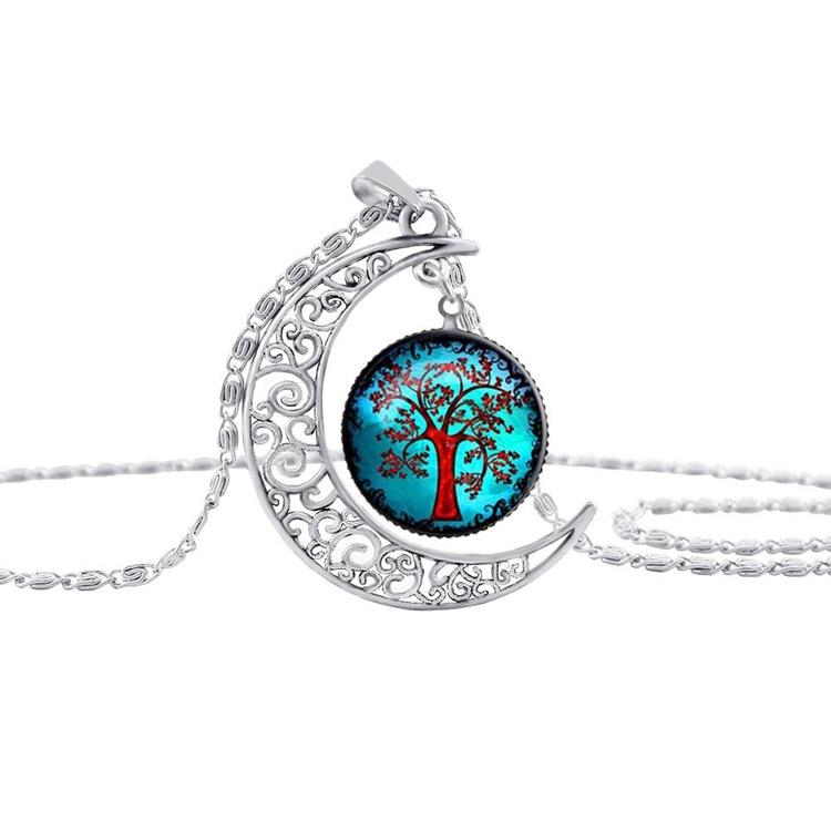 Colorful Hollow Tree of Life Necklaces Moon Pendant Necklace