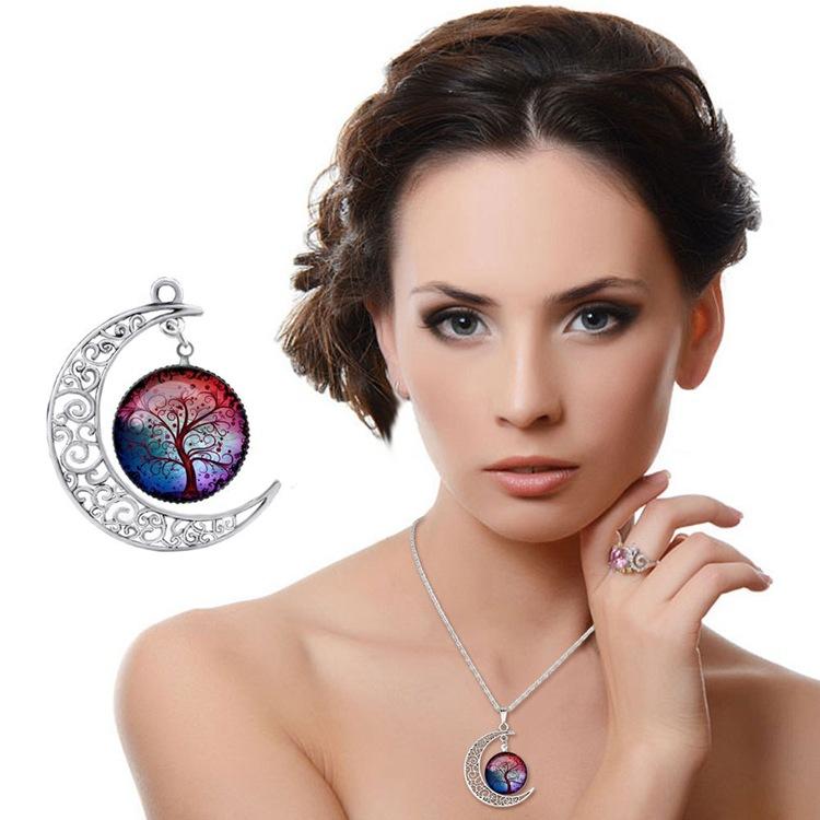 Colorful Hollow Tree of Life Necklaces Moon Pendant Necklace