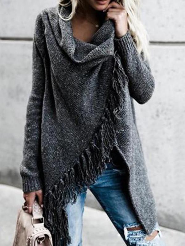 Knit Long Sleeve Tassel Irregular Sweater