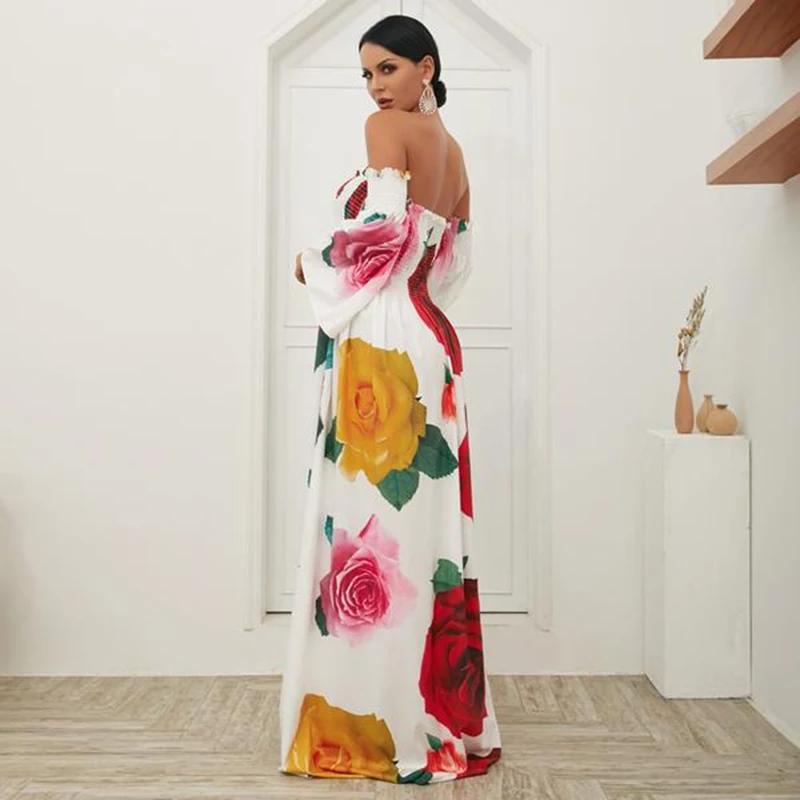 White Rose Floral Strapless Off Shoulder Sleeve Big Hem Long Dress