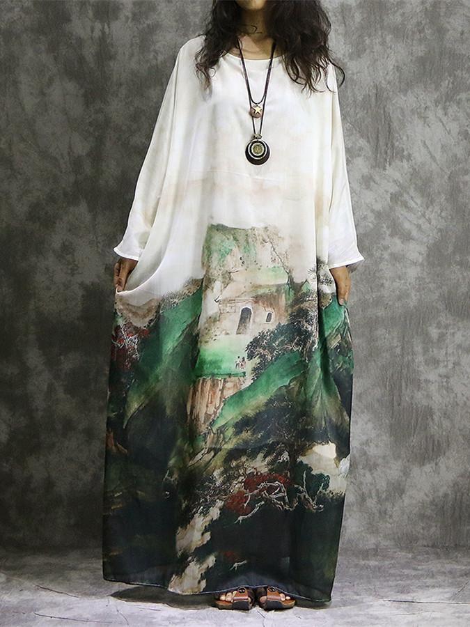 Print Plus Size Long Sleeve Loose Maxi Dress