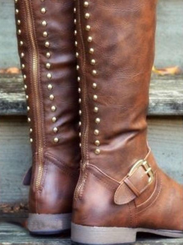 Fashion Thigh-high Rivet Low-heel Zipper Boots Shoes