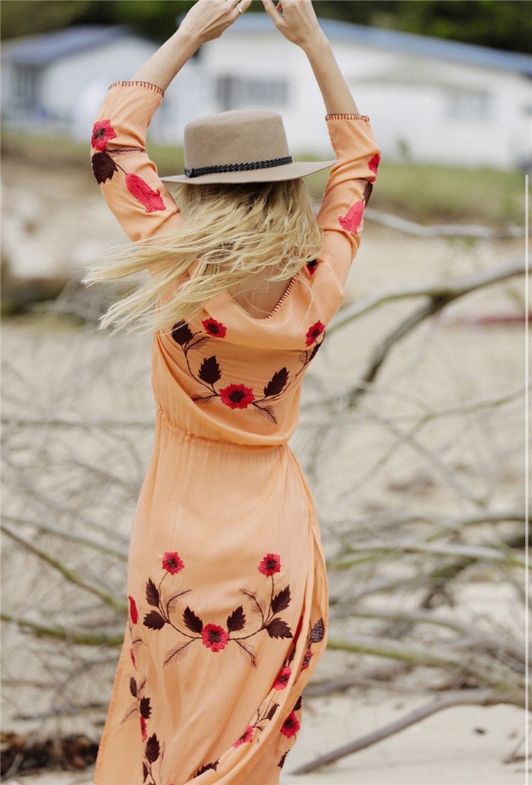 Floral Long Sleeve Split Beach Maxi Dress