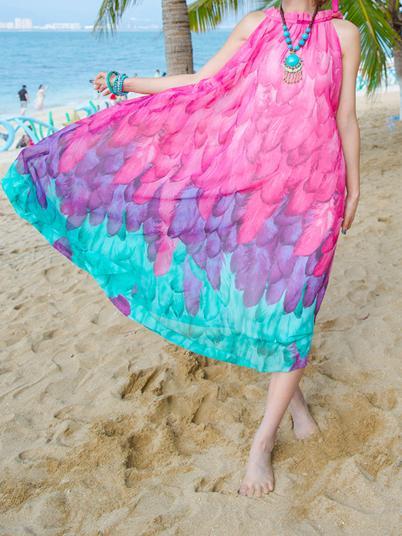 Chiffon Printed Sleeveless Plus Size Bohemia Beach Maxi Dress