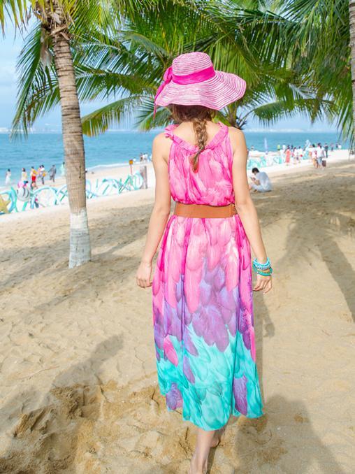 Chiffon Printed Sleeveless Plus Size Bohemia Beach Maxi Dress