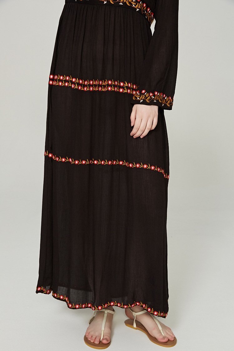 Elegant V Neck Long Sleeve Embroidered Bohemia Maxi Long Dress