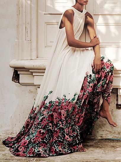 Floral Printed Halterneck Big Hem Maxi Dress