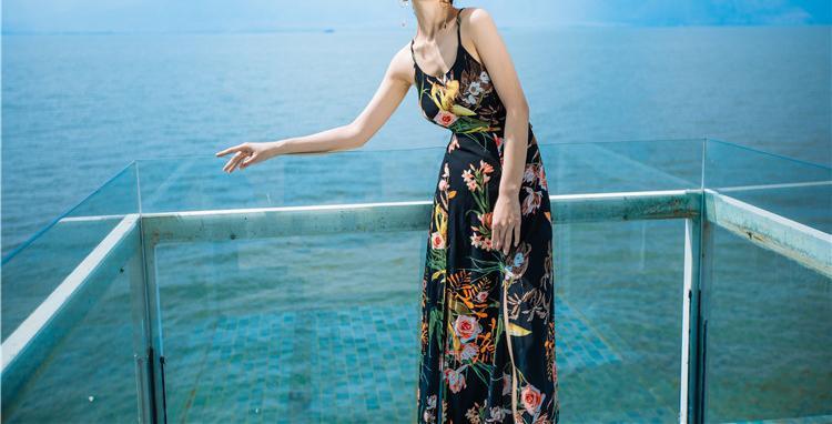 Sexy Floral Print Back Cross Split Beach Bohemia Maxi Dress