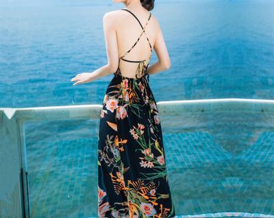 Sexy Floral Print Back Cross Split Beach Bohemia Maxi Dress