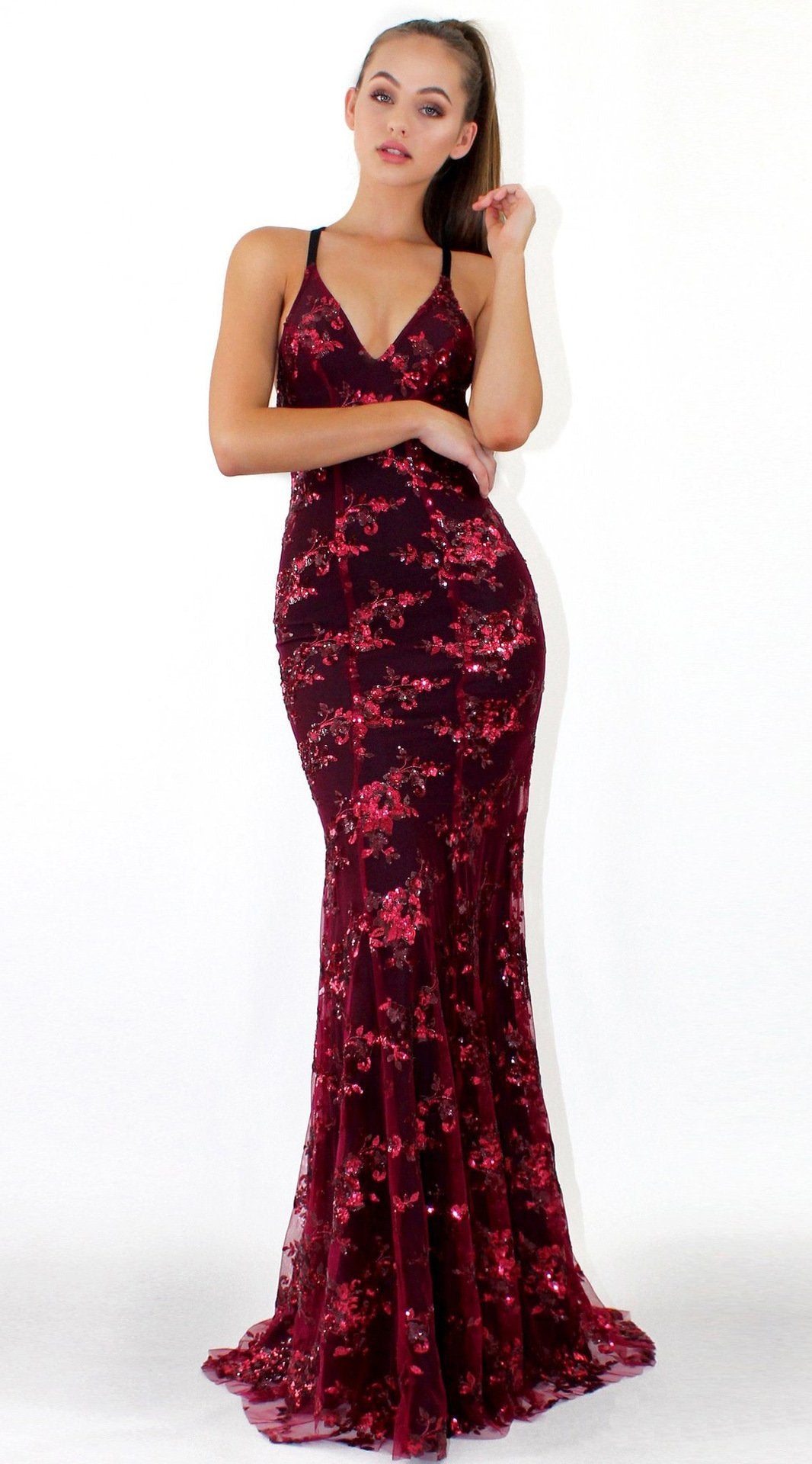 Sequin V Neck Spaghetti Strap Evening Party Dress