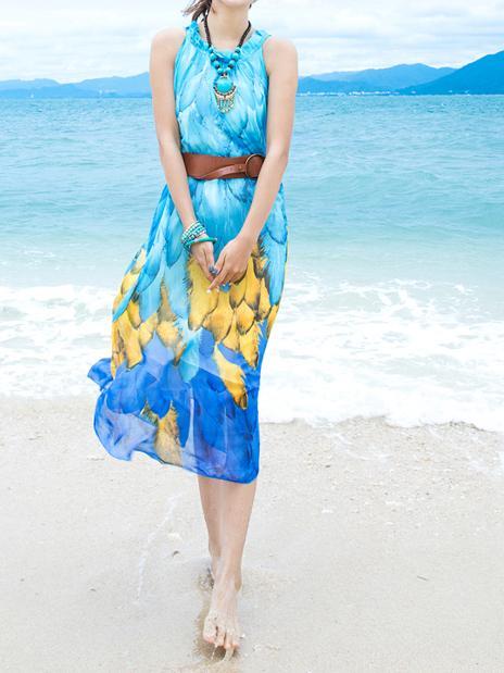 Chiffon Printed Sleeveless Plus Size Bohemia Beach Maxi Dress