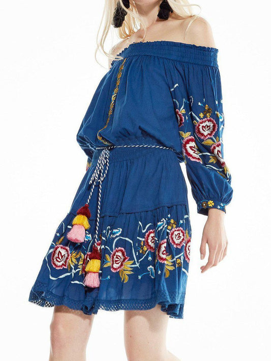 Shoulder-off Bohemian stripes heavy geometric embroidery tassels Blue dress