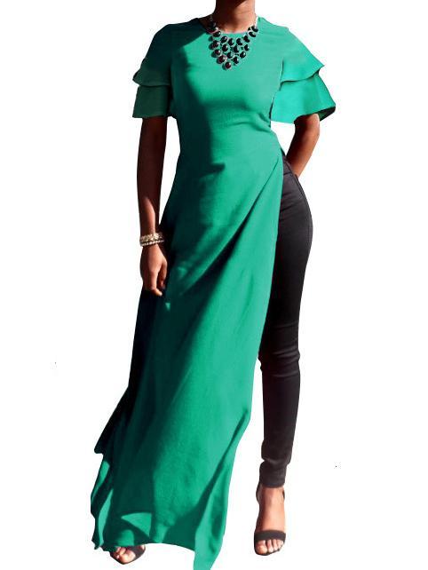 Fashion Short Ruffle Sleeve High Split Maxi Tops Shirt Dress