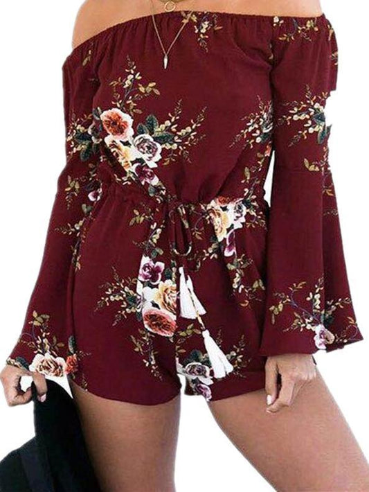 Flower Print Off Shoulder Long Sleeve Rompers