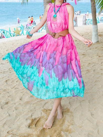 Chiffon Printed Sleeveless Plus Size Bohemia Beach Maxi Dress