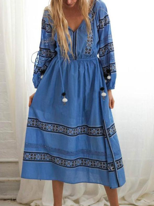 High quality hollow embroidery fringed waist ball strap full sleeve long Bohemia dress