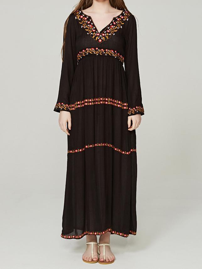 Elegant V Neck Long Sleeve Embroidered Bohemia Maxi Long Dress