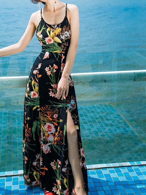 Sexy Floral Print Back Cross Split Beach Bohemia Maxi Dress