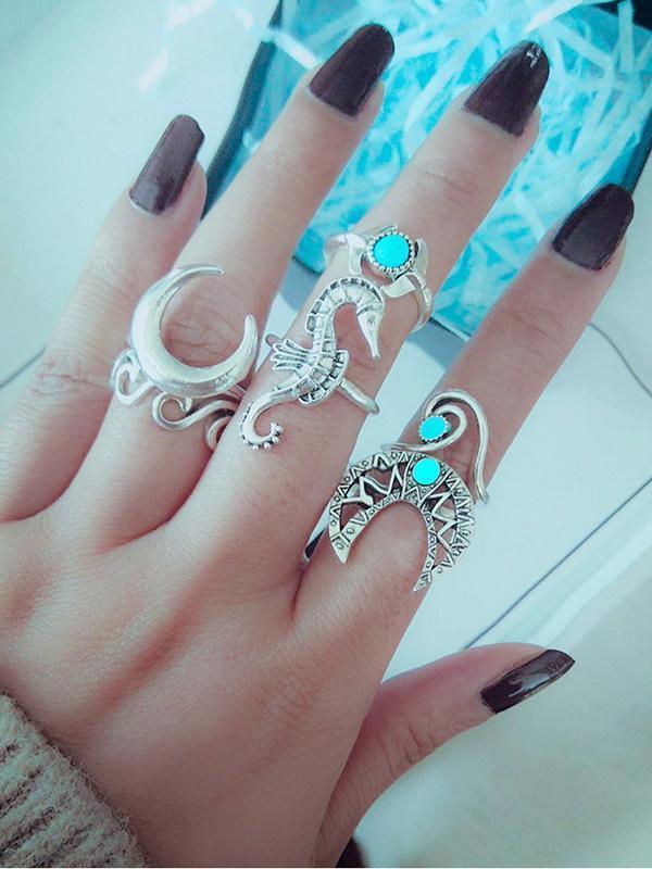 Vintage Sea Horse 6Pcs Turquoise Rings Sets