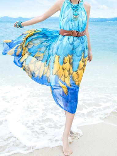 Chiffon Printed Sleeveless Plus Size Bohemia Beach Maxi Dress