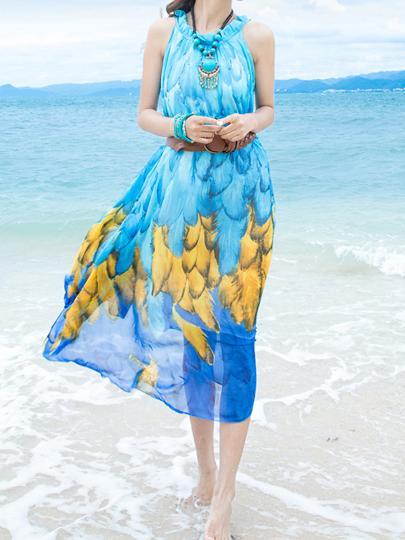 Chiffon Printed Sleeveless Plus Size Bohemia Beach Maxi Dress